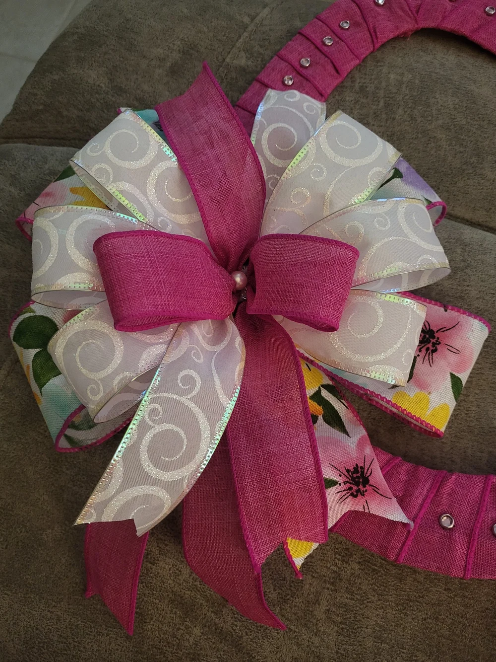 Pink Decorative Floral Ribbon Wreath with Bow For Easter